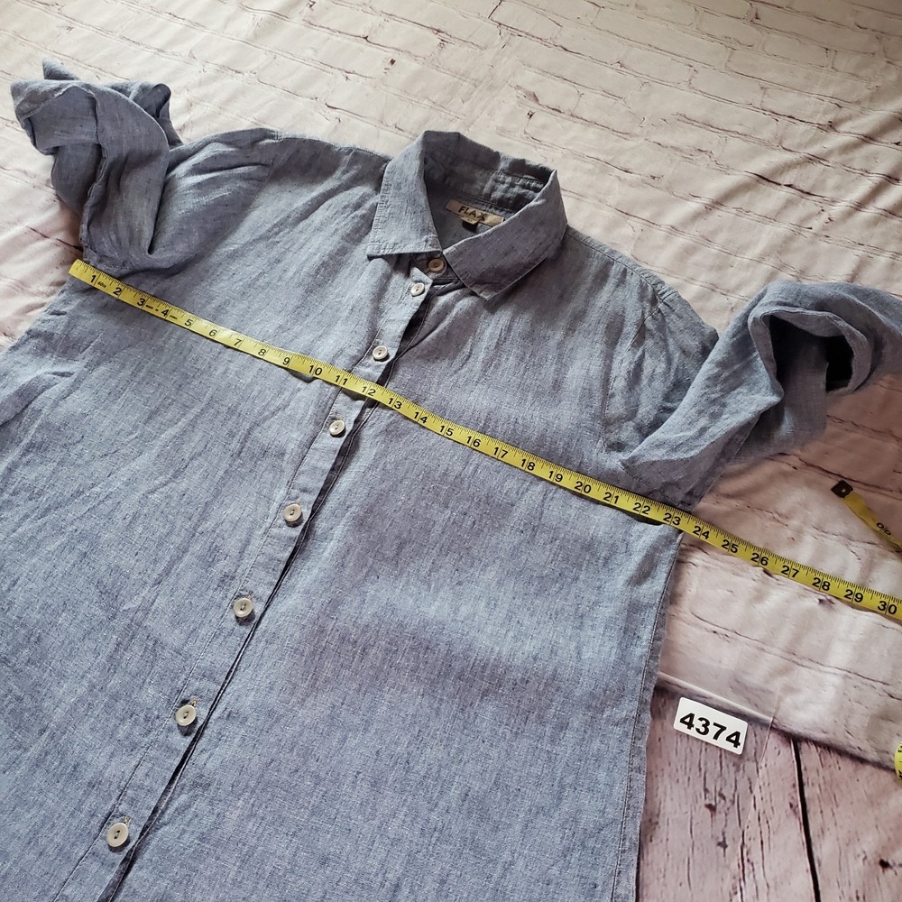 Flax Blue Linen Button Down Tunic Shirt Breathable Long Sleeves Chambray Medium - Picture 8 of 10